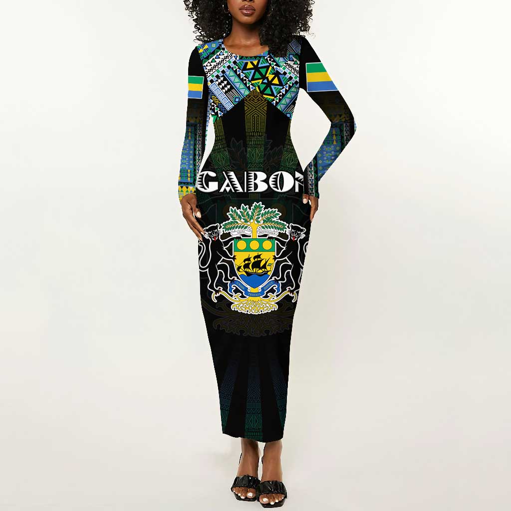 Personalized Gabon Roots Long Sleeve Bodycon Dress African Pride in Fingerprint and Tribal Colors