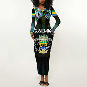 Personalized Gabon Roots Long Sleeve Bodycon Dress African Pride in Fingerprint and Tribal Colors