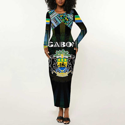 Personalized Gabon Roots Long Sleeve Bodycon Dress African Pride in Fingerprint and Tribal Colors