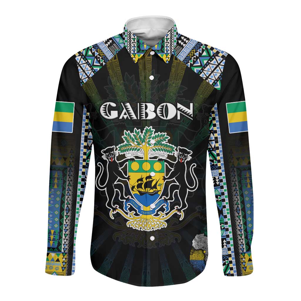 Personalized Gabon Roots Long Sleeve Button Shirt African Pride in Fingerprint and Tribal Colors