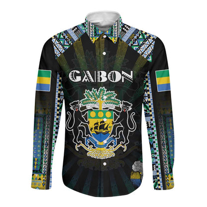 Personalized Gabon Roots Long Sleeve Button Shirt African Pride in Fingerprint and Tribal Colors