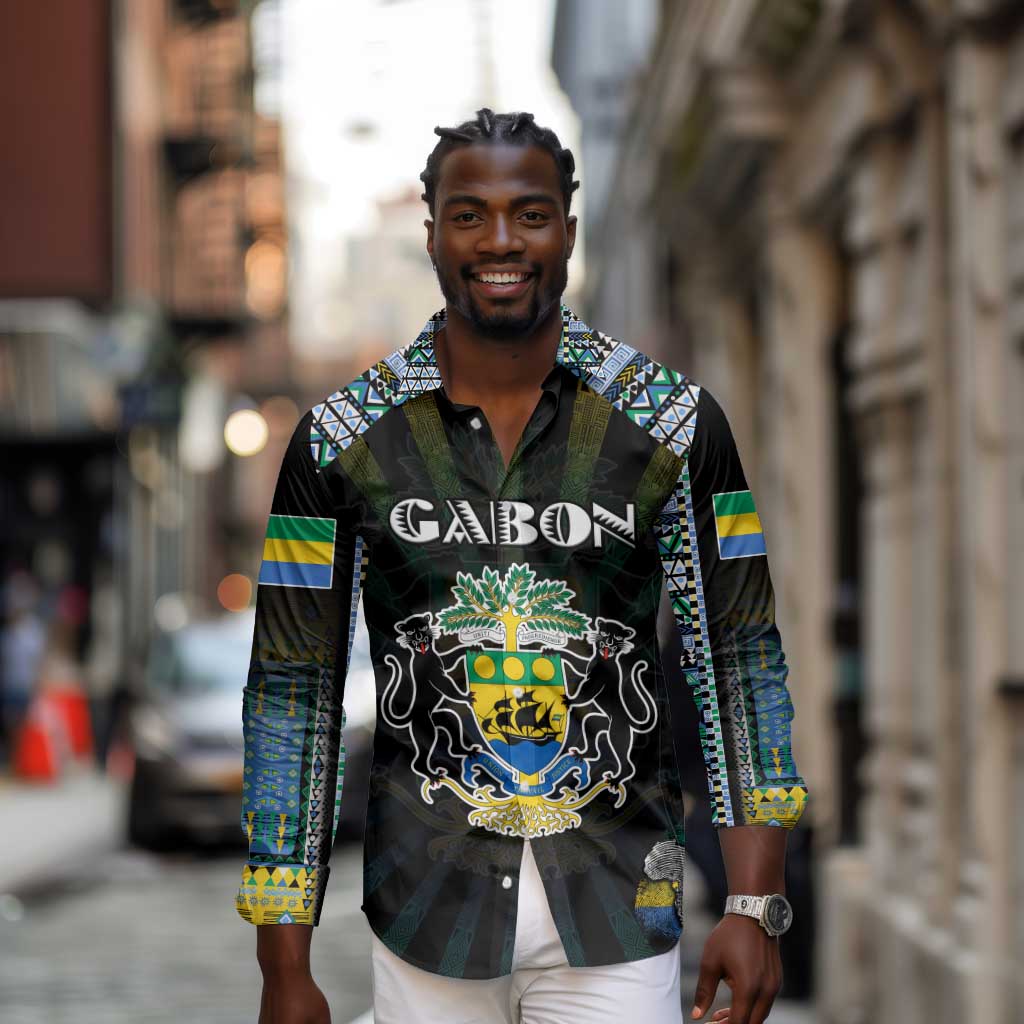 Personalized Gabon Roots Long Sleeve Button Shirt African Pride in Fingerprint and Tribal Colors