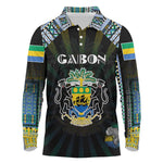 Personalized Gabon Roots Long Sleeve Polo Shirt African Pride in Fingerprint and Tribal Colors