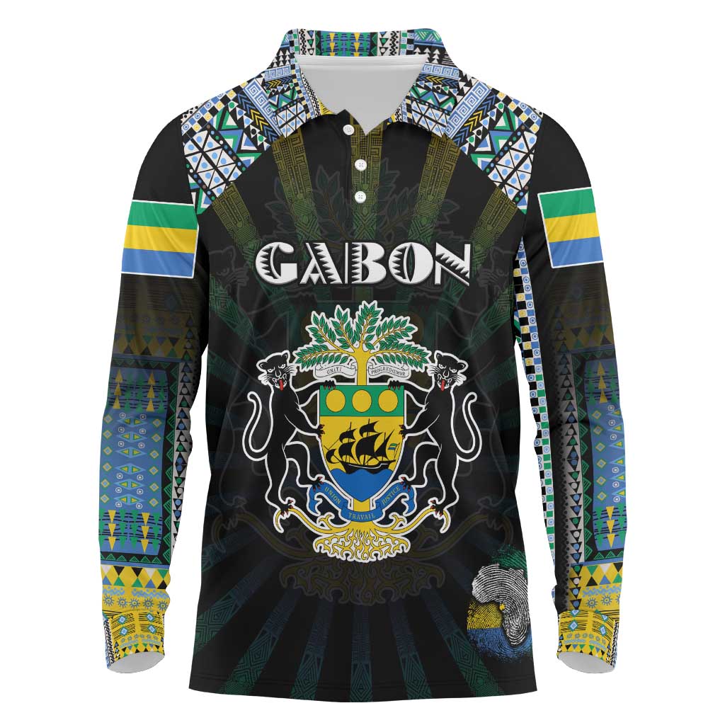 Personalized Gabon Roots Long Sleeve Polo Shirt African Pride in Fingerprint and Tribal Colors