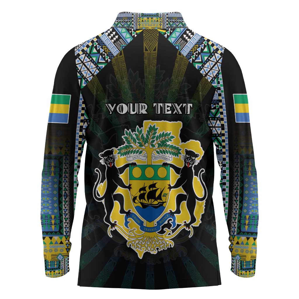 Personalized Gabon Roots Long Sleeve Polo Shirt African Pride in Fingerprint and Tribal Colors