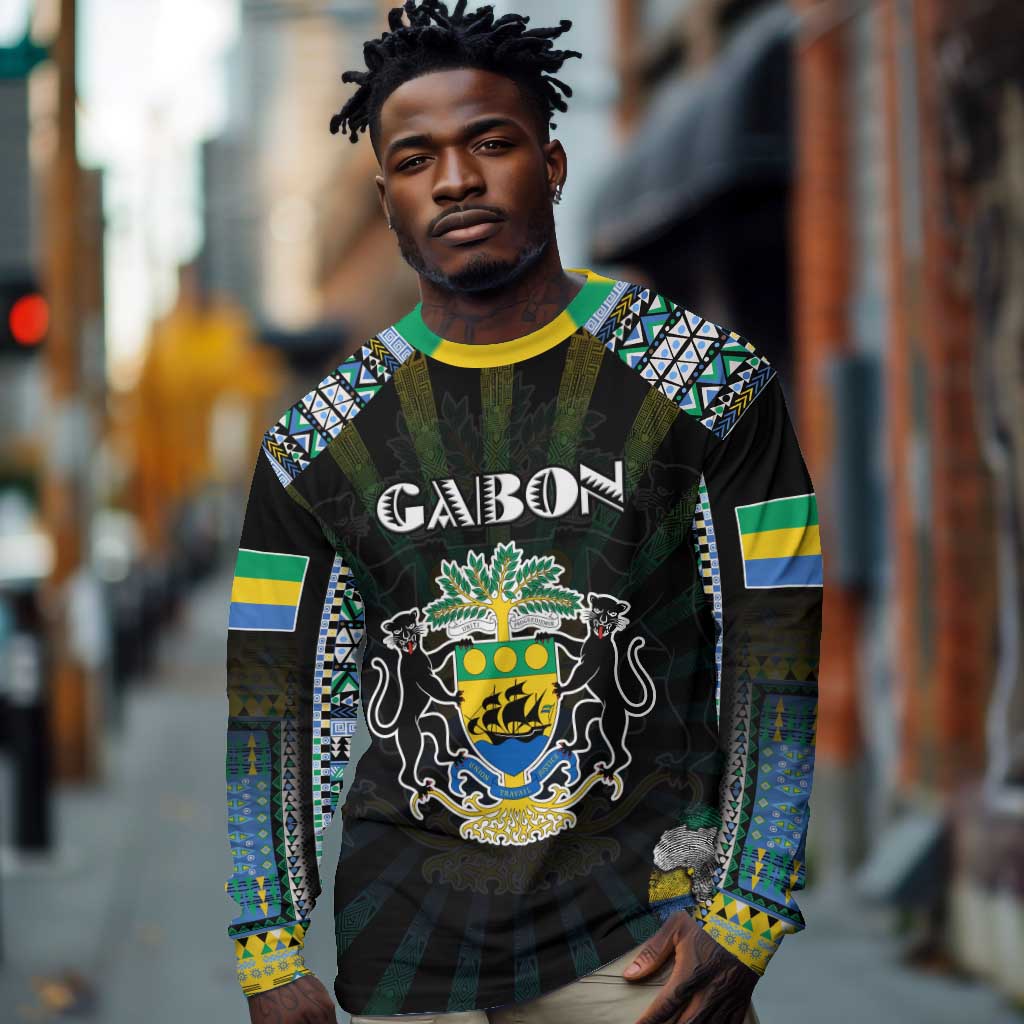 Personalized Gabon Roots Long Sleeve Shirt African Pride in Fingerprint and Tribal Colors