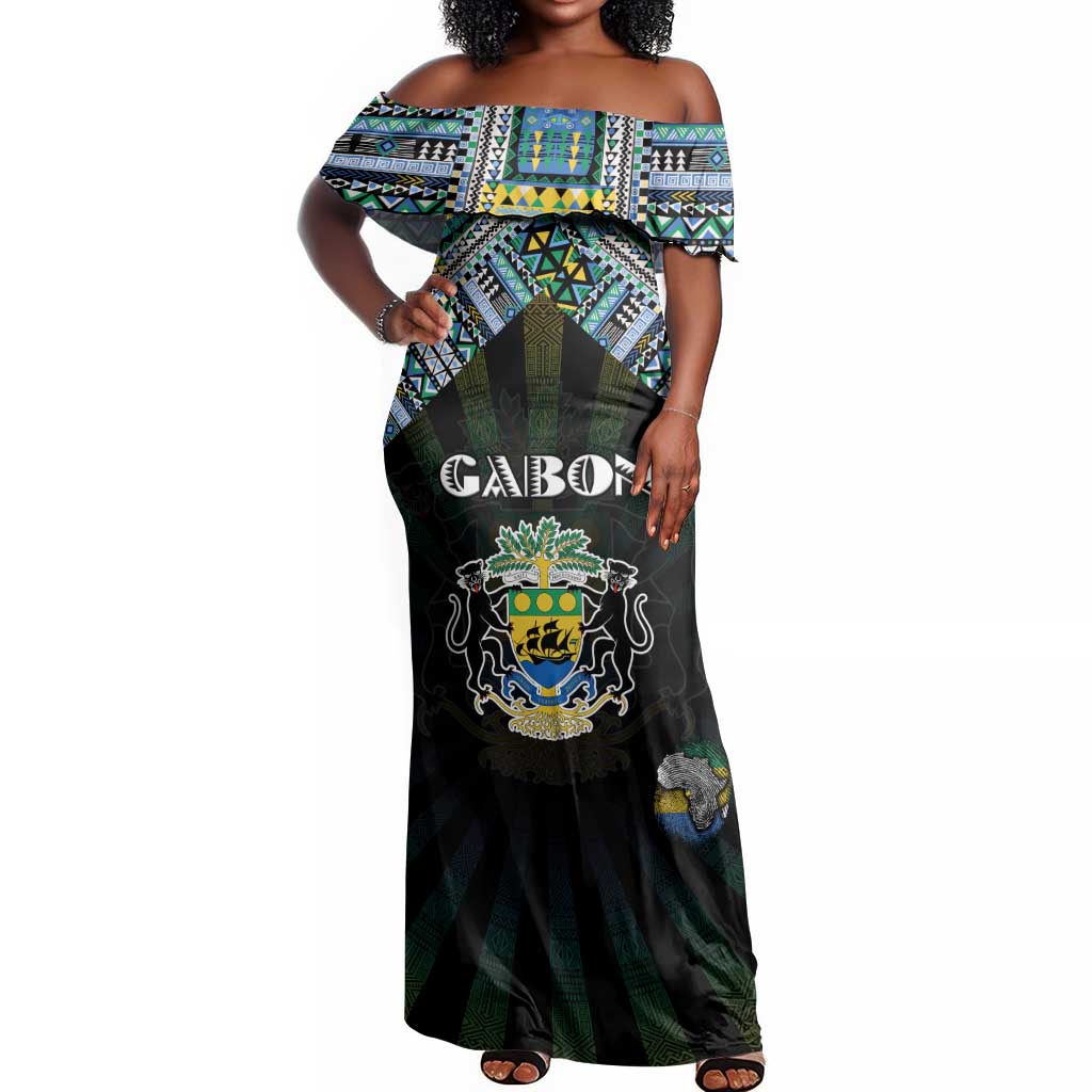Personalized Gabon Roots Off Shoulder Maxi Dress African Pride in Fingerprint and Tribal Colors