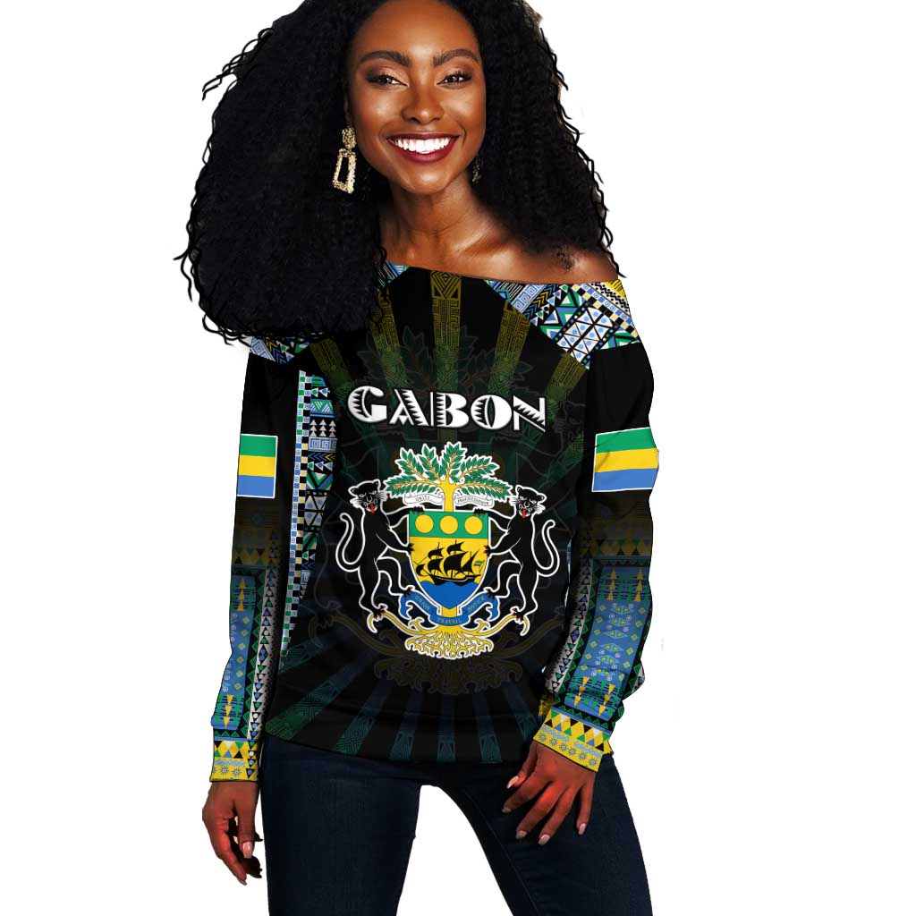Personalized Gabon Roots Off Shoulder Sweater African Pride in Fingerprint and Tribal Colors