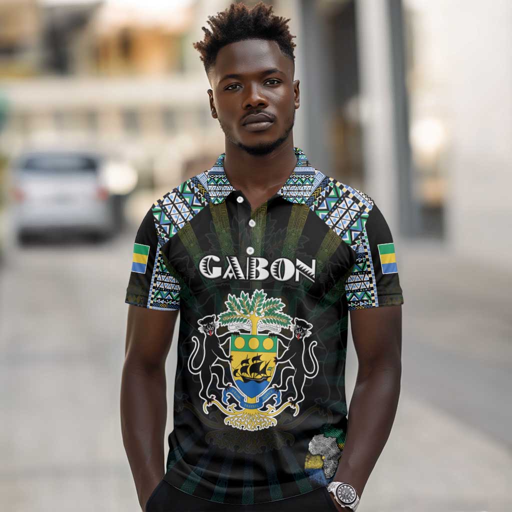 Personalized Gabon Roots Polo Shirt African Pride in Fingerprint and Tribal Colors