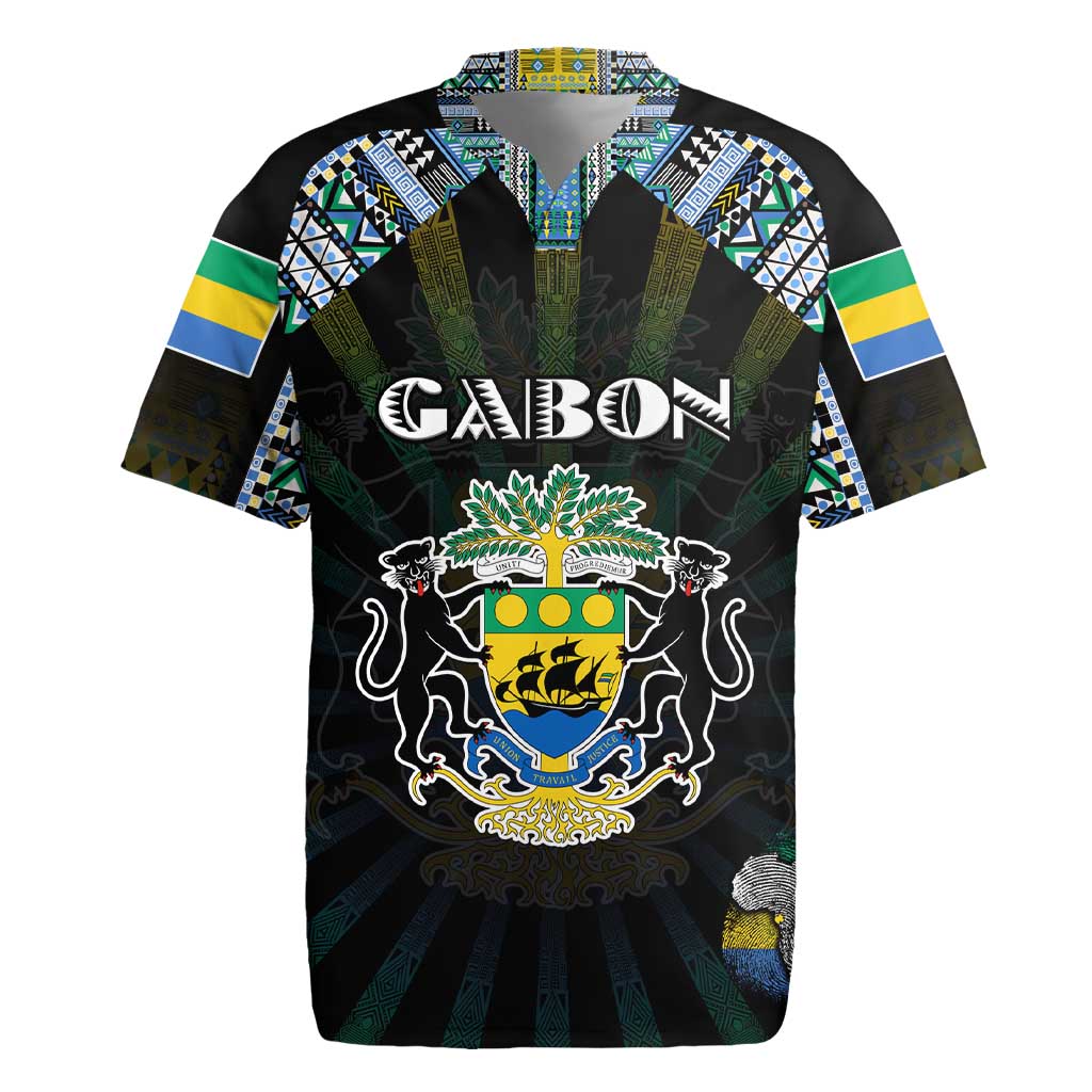 Personalized Gabon Roots Rugby Jersey African Pride in Fingerprint and Tribal Colors