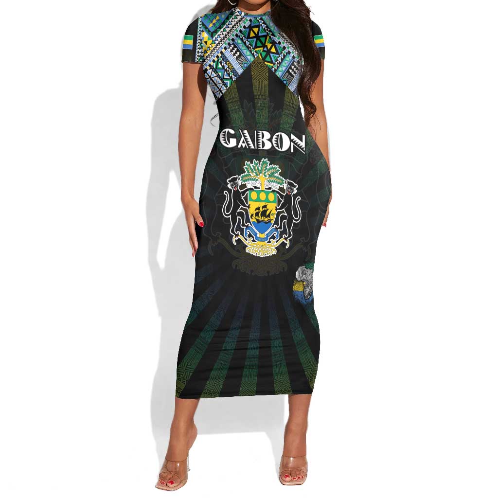 Personalized Gabon Roots Short Sleeve Bodycon Dress African Pride in Fingerprint and Tribal Colors