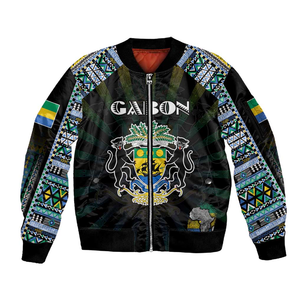 Personalized Gabon Roots Sleeve Zip Bomber Jacket African Pride in Fingerprint and Tribal Colors