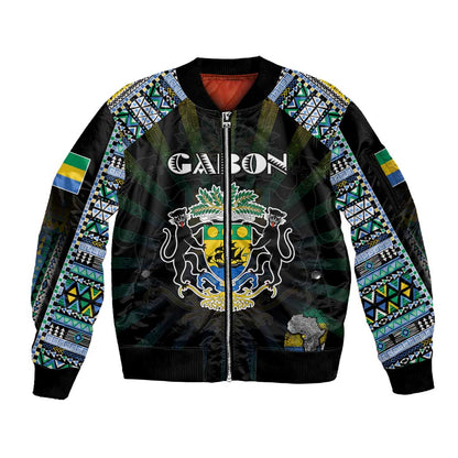 Personalized Gabon Roots Sleeve Zip Bomber Jacket African Pride in Fingerprint and Tribal Colors