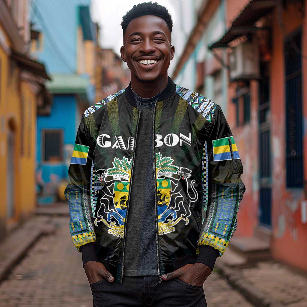 Personalized Gabon Roots Sleeve Zip Bomber Jacket African Pride in Fingerprint and Tribal Colors