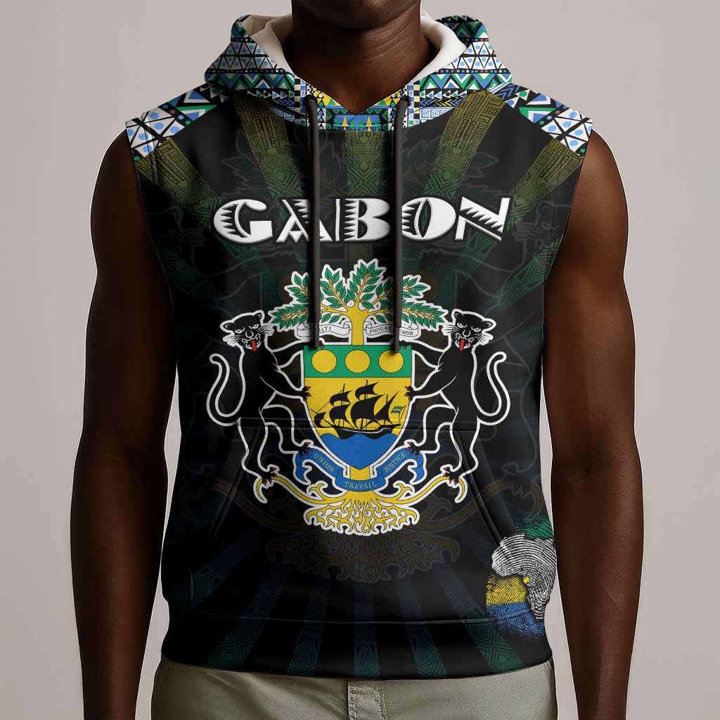 Personalized Gabon Roots Sleeveless Hoodie African Pride in Fingerprint and Tribal Colors - African Pride