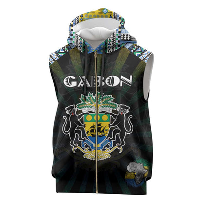 Personalized Gabon Roots Sleeveless Zip Hoodie African Pride in Fingerprint and Tribal Colors - African Pride