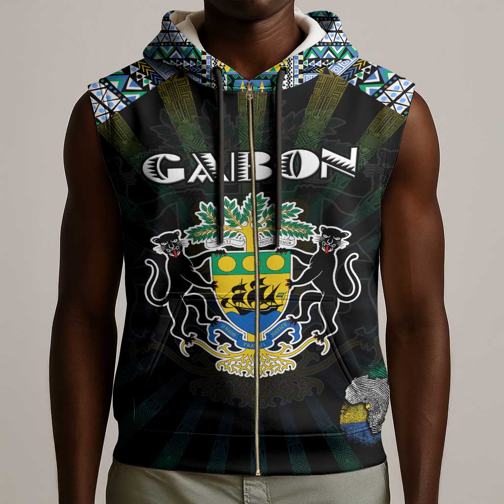 Personalized Gabon Roots Sleeveless Zip Hoodie African Pride in Fingerprint and Tribal Colors - African Pride