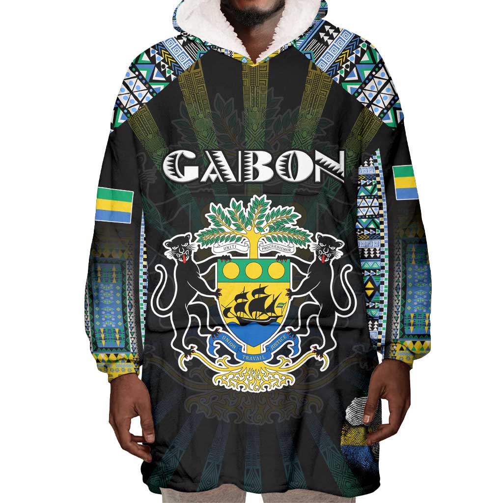 Personalized Gabon Roots Wearable Blanket Hoodie African Pride in Fingerprint and Tribal Colors