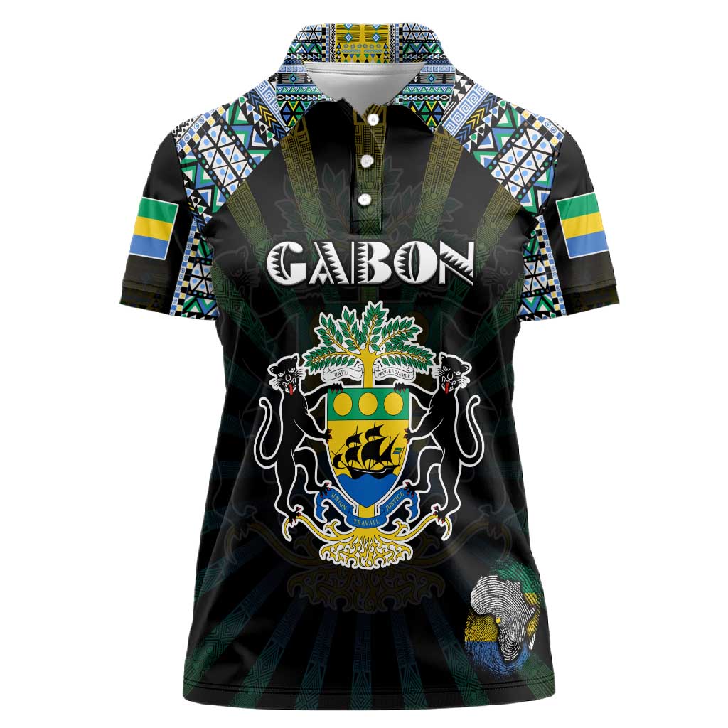 Personalized Gabon Roots Women Polo Shirt African Pride in Fingerprint and Tribal Colors