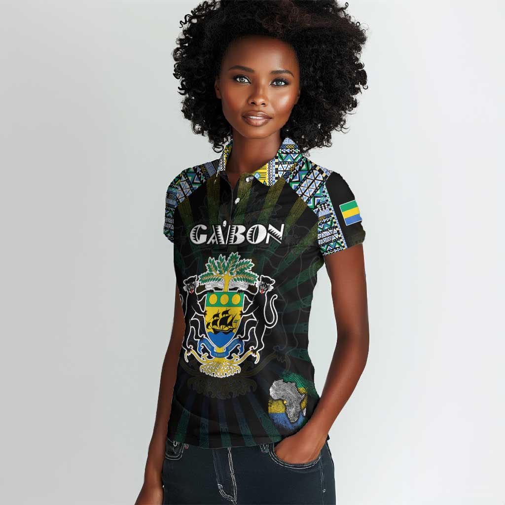 Personalized Gabon Roots Women Polo Shirt African Pride in Fingerprint and Tribal Colors