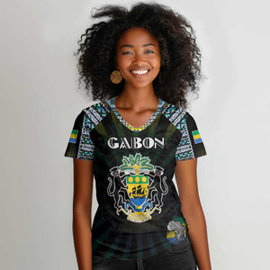 Personalized Gabon Roots Women V-Neck T-Shirt African Pride in Fingerprint and Tribal Colors