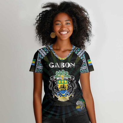 Personalized Gabon Roots Women V-Neck T-Shirt African Pride in Fingerprint and Tribal Colors
