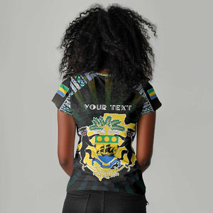 Personalized Gabon Roots Women V-Neck T-Shirt African Pride in Fingerprint and Tribal Colors
