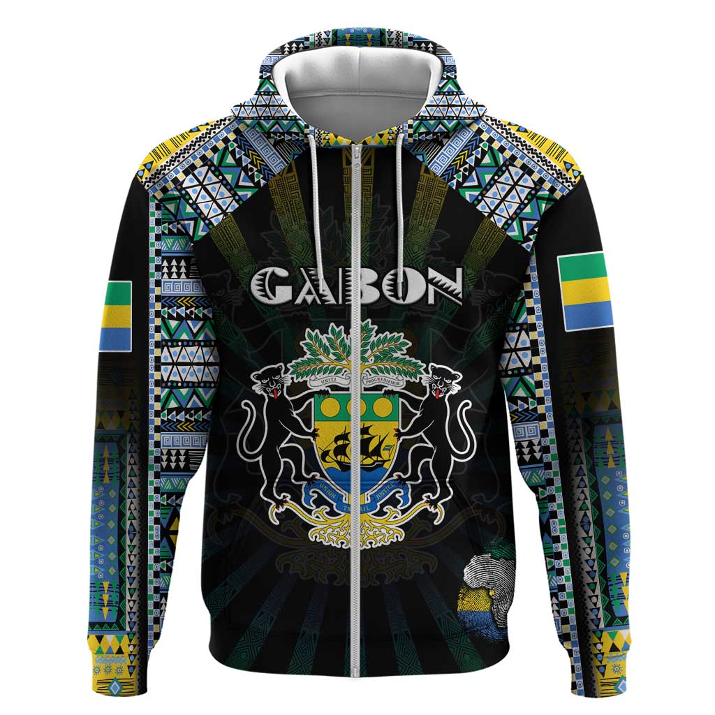 Personalized Gabon Roots Zip Hoodie African Pride in Fingerprint and Tribal Colors