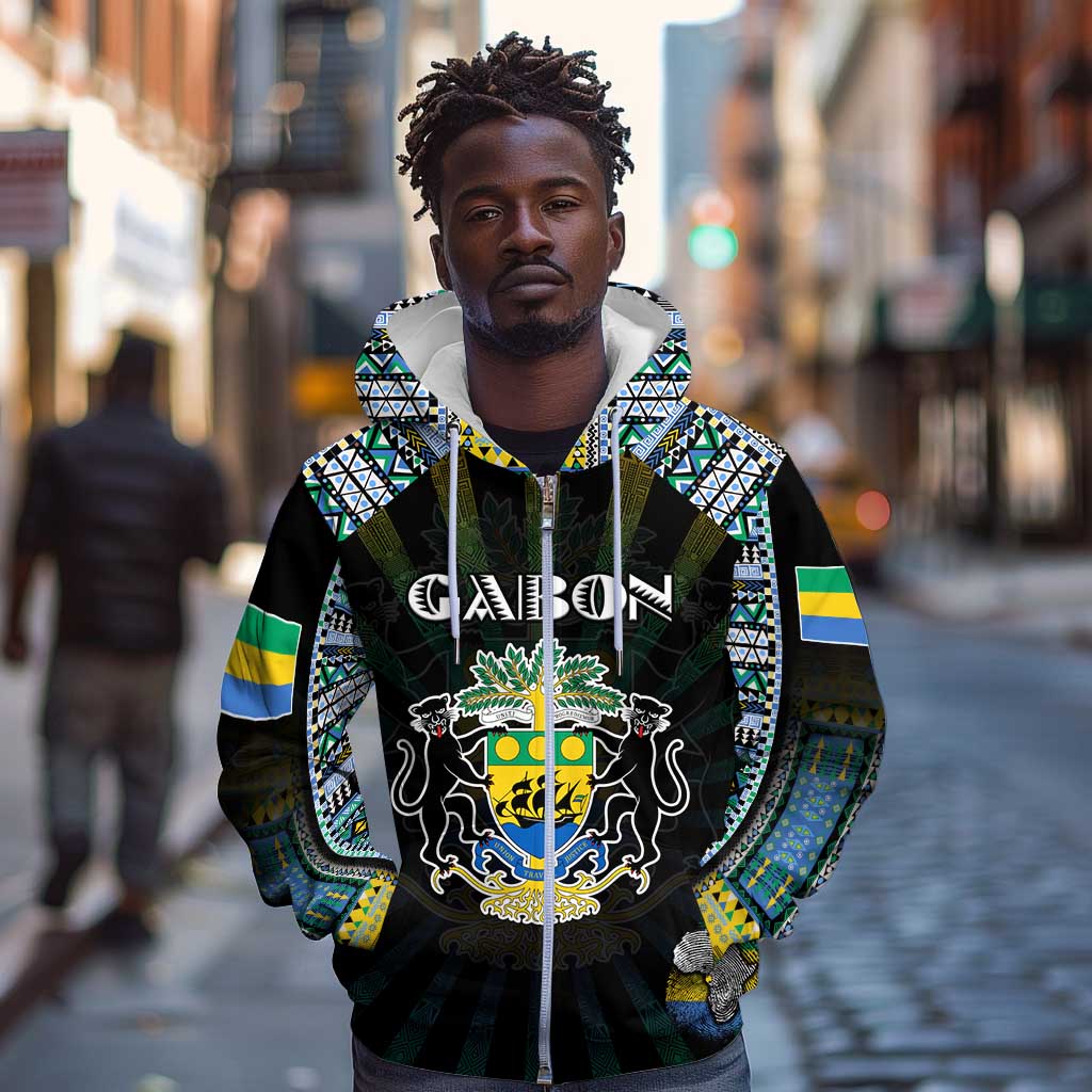 Personalized Gabon Roots Zip Hoodie African Pride in Fingerprint and Tribal Colors