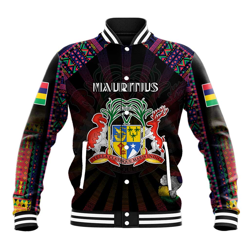 Personalized Mauritius Roots Baseball Jacket African Pride in Fingerprint and Tribal Colors