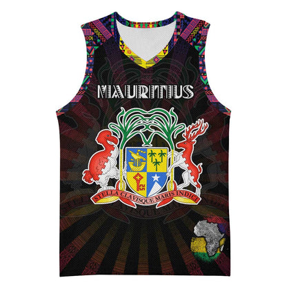 Personalized Mauritius Roots Basketball Jersey African Pride in Fingerprint and Tribal Colors - African Pride