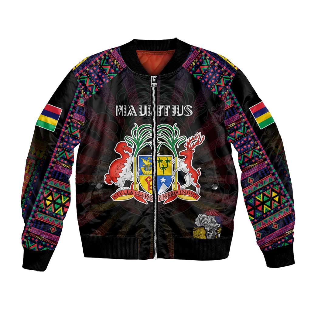 Personalized Mauritius Roots Bomber Jacket African Pride in Fingerprint and Tribal Colors