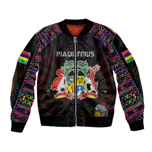 Personalized Mauritius Roots Bomber Jacket African Pride in Fingerprint and Tribal Colors