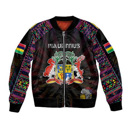 Personalized Mauritius Roots Bomber Jacket African Pride in Fingerprint and Tribal Colors