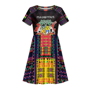 Personalized Mauritius Roots Kid Short Sleeve Dress African Pride in Fingerprint and Tribal Colors