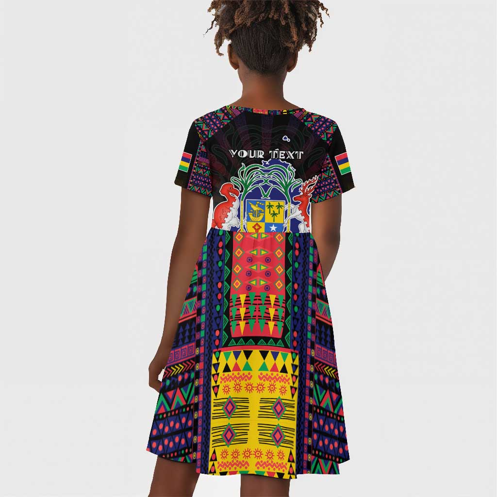 Personalized Mauritius Roots Kid Short Sleeve Dress African Pride in Fingerprint and Tribal Colors