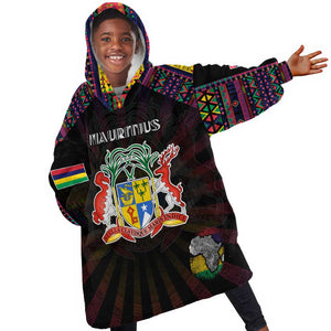 Personalized Mauritius Roots Kid Wearable Blanket Hoodie African Pride in Fingerprint and Tribal Colors