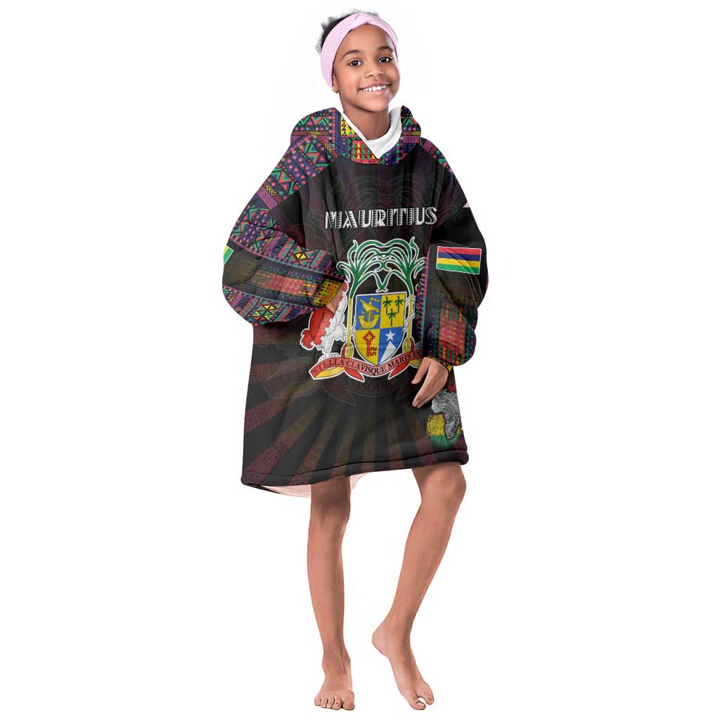 Personalized Mauritius Roots Kid Wearable Blanket Hoodie African Pride in Fingerprint and Tribal Colors