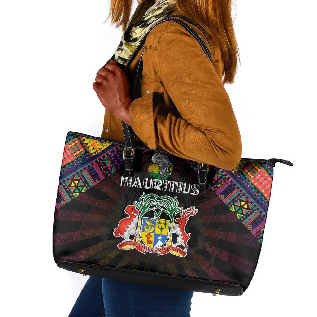 Mauritius Roots Leather Tote Bag African Pride in Fingerprint and Tribal Colors