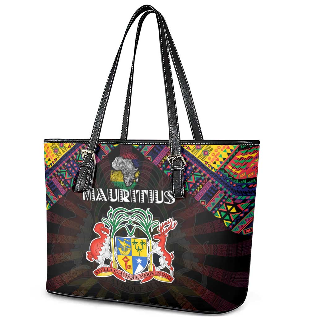 Mauritius Roots Leather Tote Bag African Pride in Fingerprint and Tribal Colors