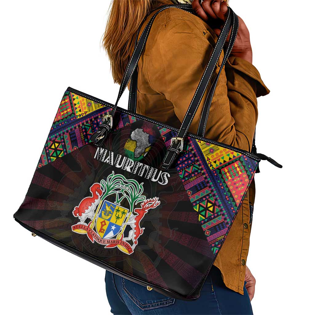 Mauritius Roots Leather Tote Bag African Pride in Fingerprint and Tribal Colors