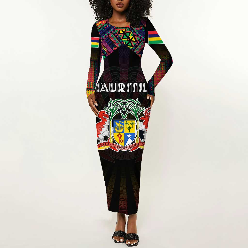 Personalized Mauritius Roots Long Sleeve Bodycon Dress African Pride in Fingerprint and Tribal Colors