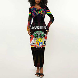Personalized Mauritius Roots Long Sleeve Bodycon Dress African Pride in Fingerprint and Tribal Colors