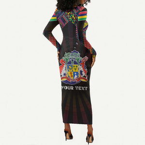 Personalized Mauritius Roots Long Sleeve Bodycon Dress African Pride in Fingerprint and Tribal Colors
