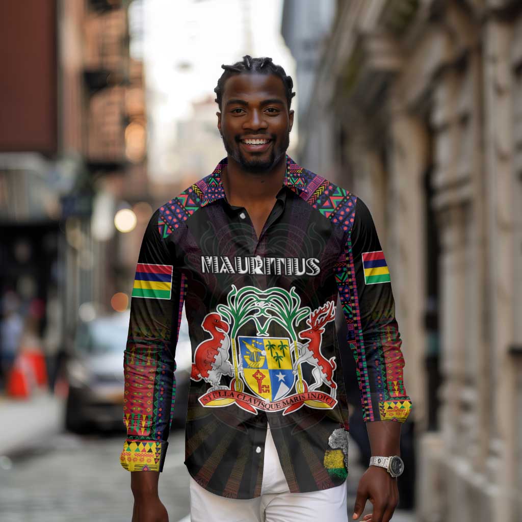 Personalized Mauritius Roots Long Sleeve Button Shirt African Pride in Fingerprint and Tribal Colors