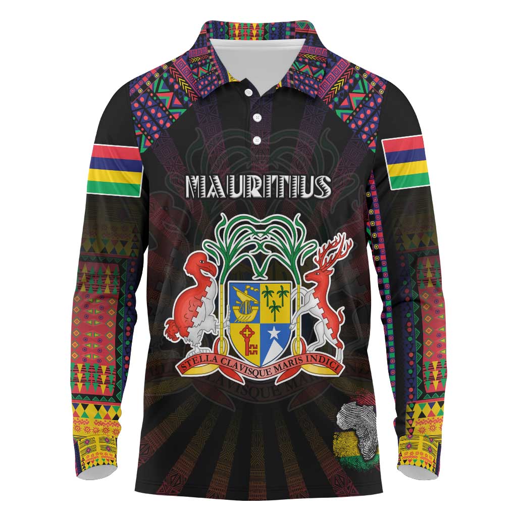 Personalized Mauritius Roots Long Sleeve Polo Shirt African Pride in Fingerprint and Tribal Colors