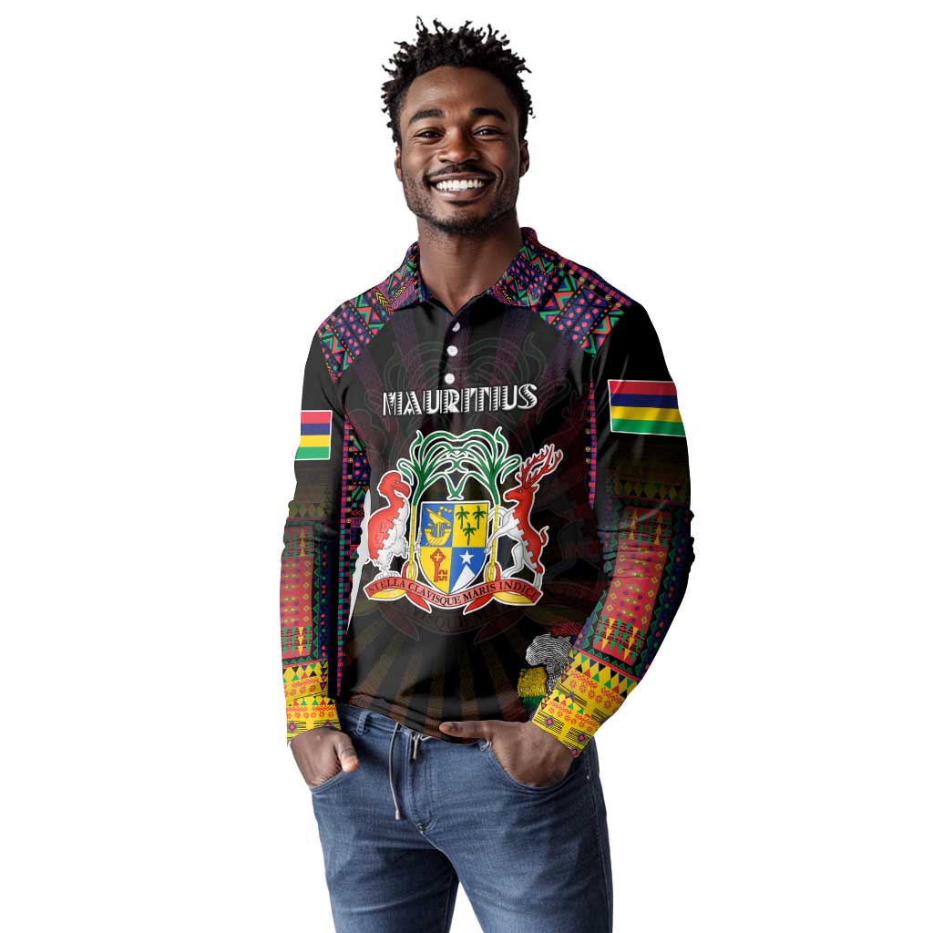 Personalized Mauritius Roots Long Sleeve Polo Shirt African Pride in Fingerprint and Tribal Colors