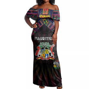 Personalized Mauritius Roots Off Shoulder Maxi Dress African Pride in Fingerprint and Tribal Colors