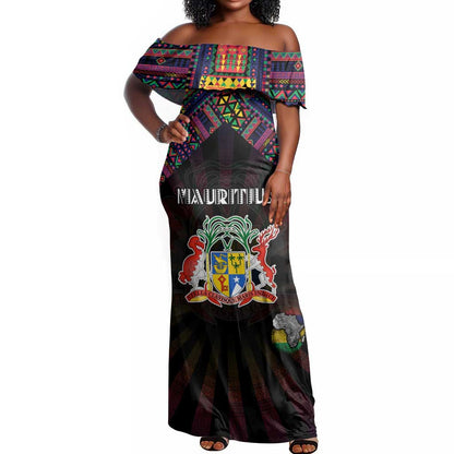 Personalized Mauritius Roots Off Shoulder Maxi Dress African Pride in Fingerprint and Tribal Colors