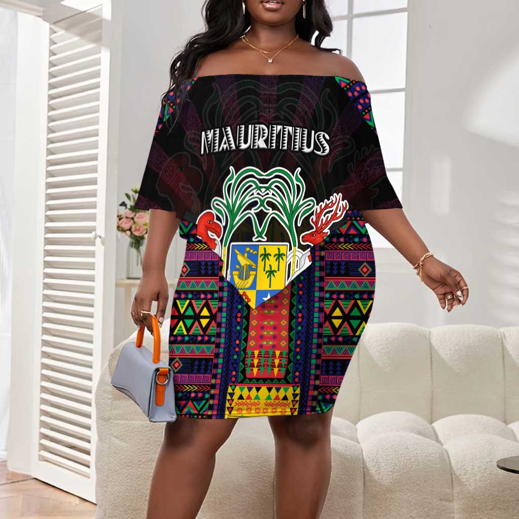 Personalized Mauritius Roots Off Shoulder Short Dress African Pride in Fingerprint and Tribal Colors